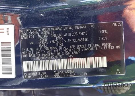 2022 Toyota Highlander Hybrid Le z USA, uszkodzony, nr VIN 5TDBBRCH4NS558785